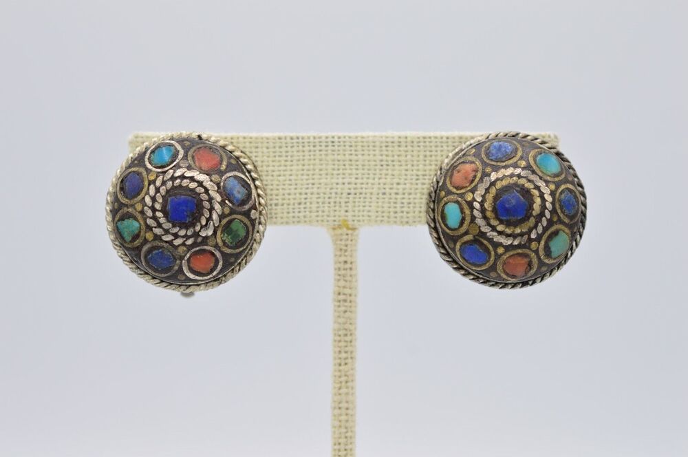 Vintage Tibetan Clip On Earrings Rustic Silver Multi-Color Enamel 1960s BinAB